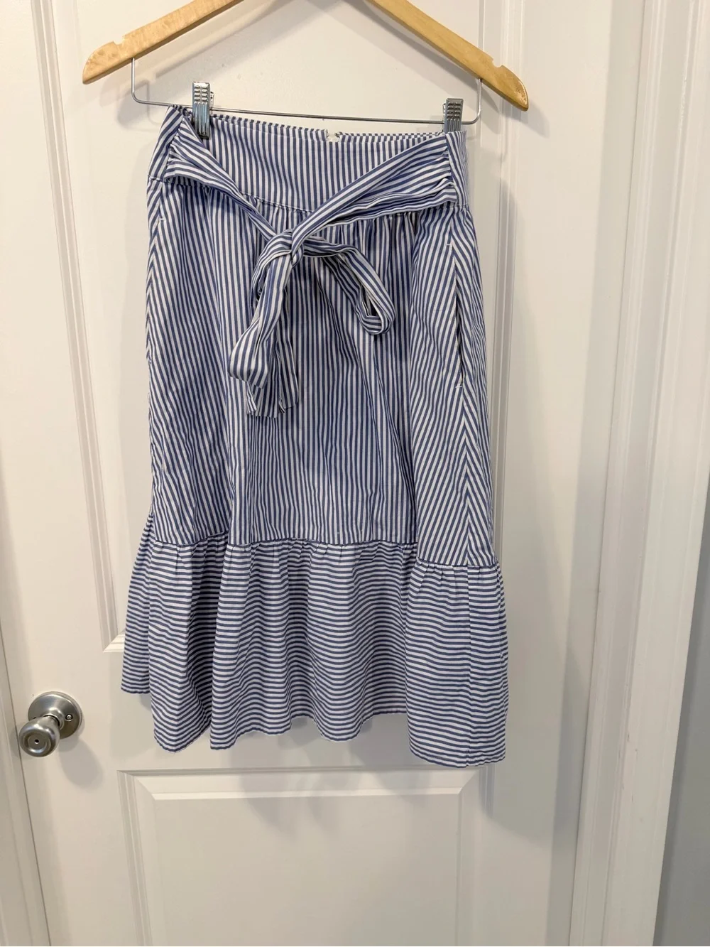 J. Crew Blue and White Striped Tie-Waist Midi Skirt